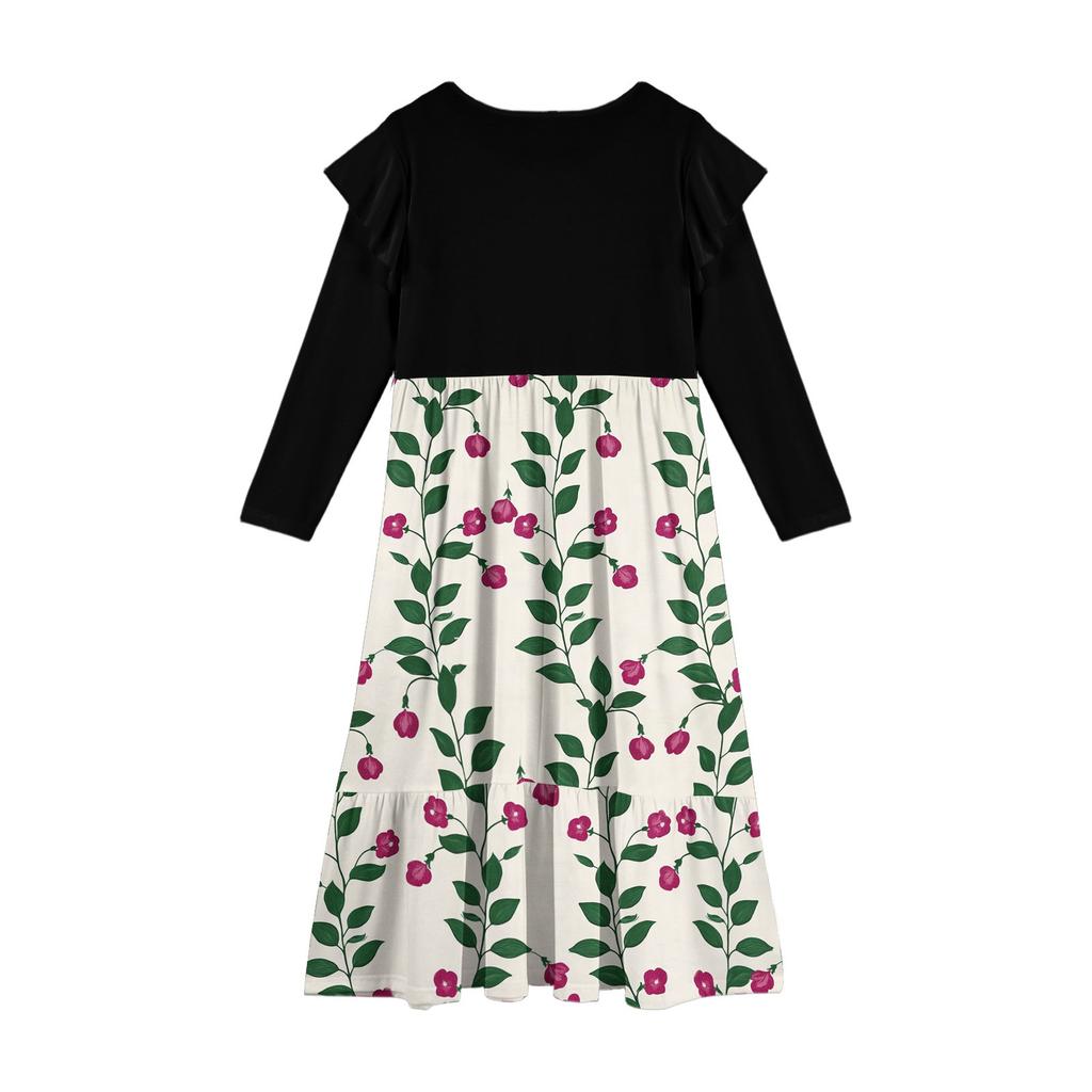 Girls' Tiered Ruffle Dress - Long Sleeve Printed Maxi With Pockets