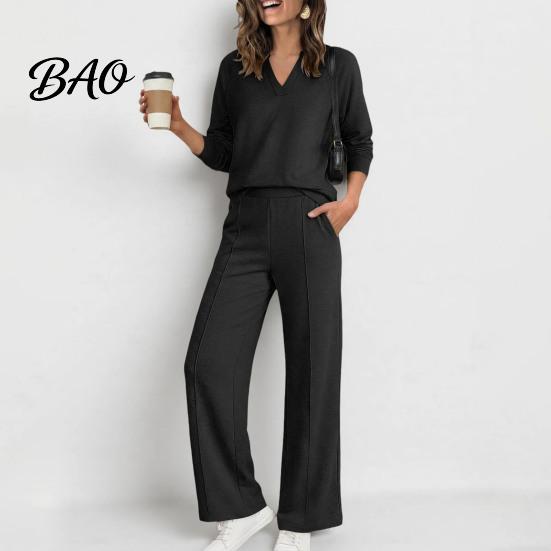 Women Gym Clothing Sweatshirt Pants 2-Piece Set, V-Neck Long Sleeve Top & Wide Lounge Sets Leg Trousers with Elastic Waist, Solid Color Matching