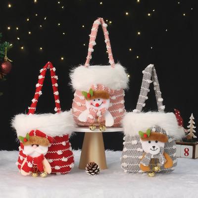 Plush Christmas Small Gift Bag 3D Snowman Santa Doll Fruit Candy Bag Christmas Eve New Year Tote Bag for Xmas Party Supplies