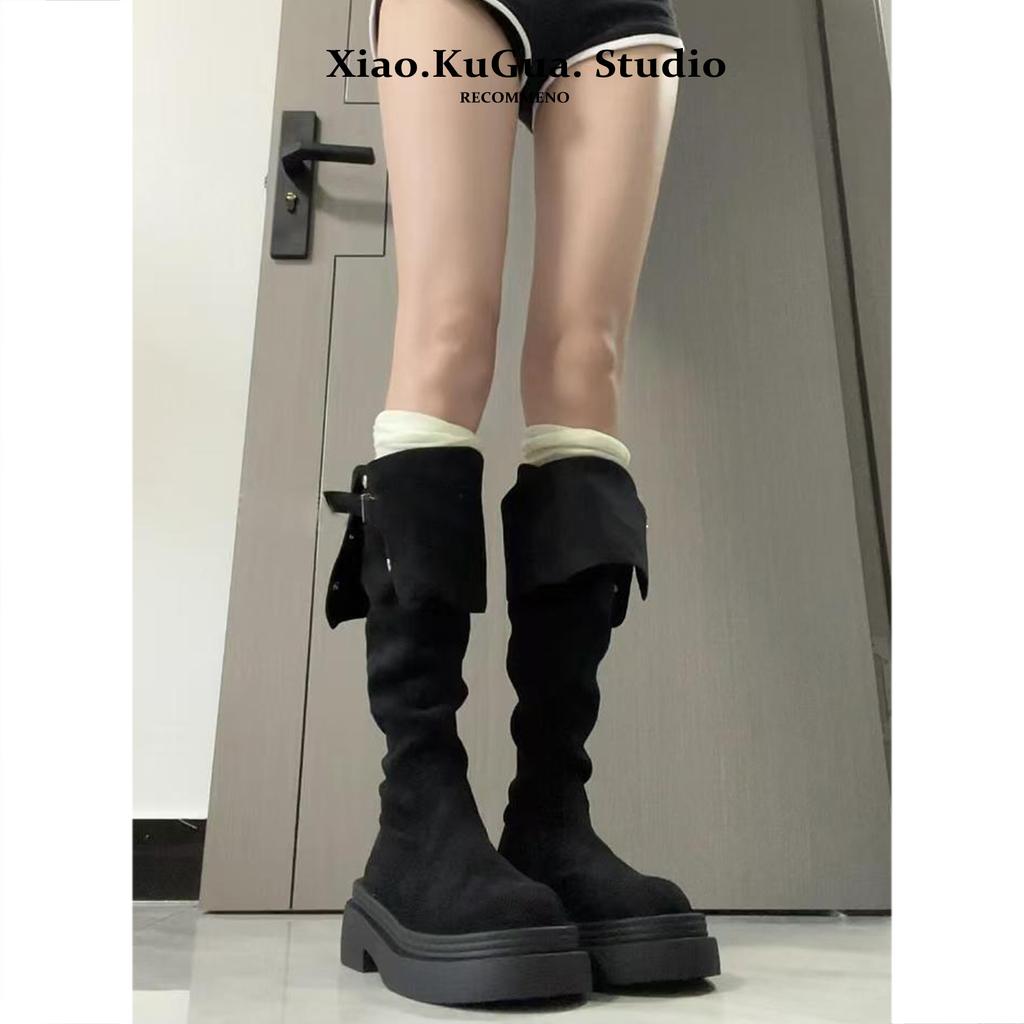 Thick-soled boots women's autumn four seasons but knee suede boots women's thin tall knight boots