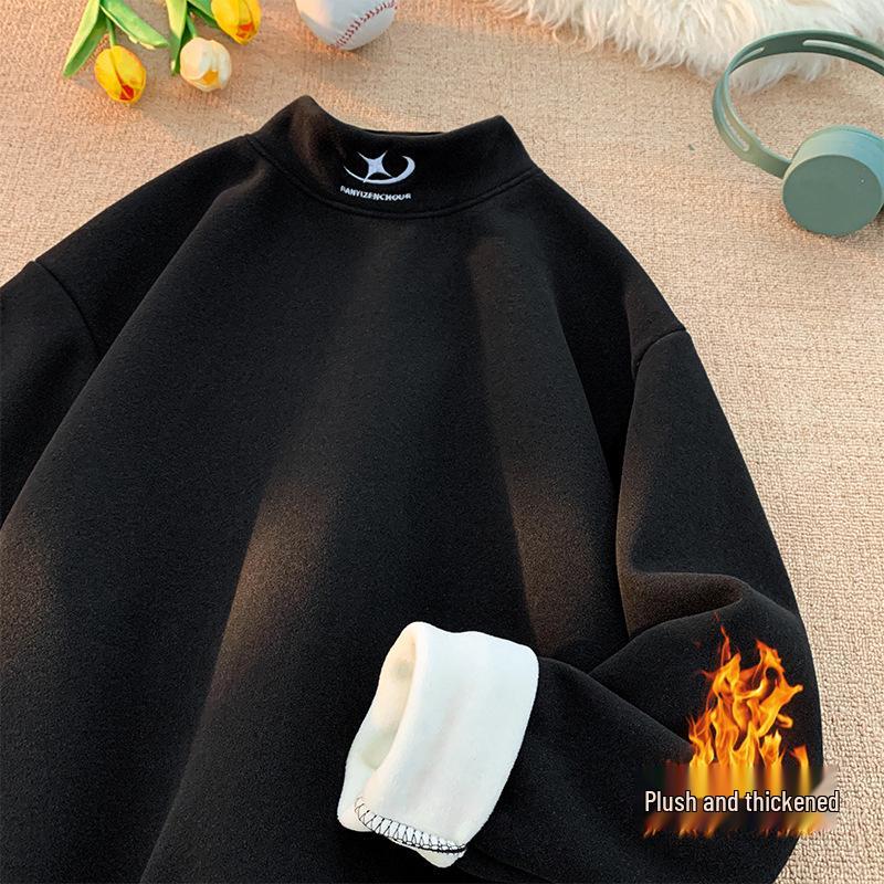 Men's Fleece Half-High Collar Sweatshirt, Velvet-Thickened, Loose Fit, Long Sleeve, Perfect for Autumn/Winter 2025.