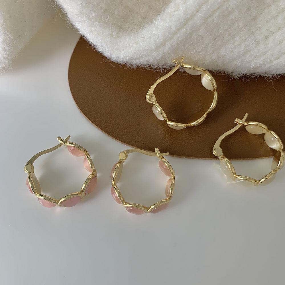 

Elegant Pink Cat s Eye Stone Hoop Earrings - Luxury, Simple C-Shaped Design