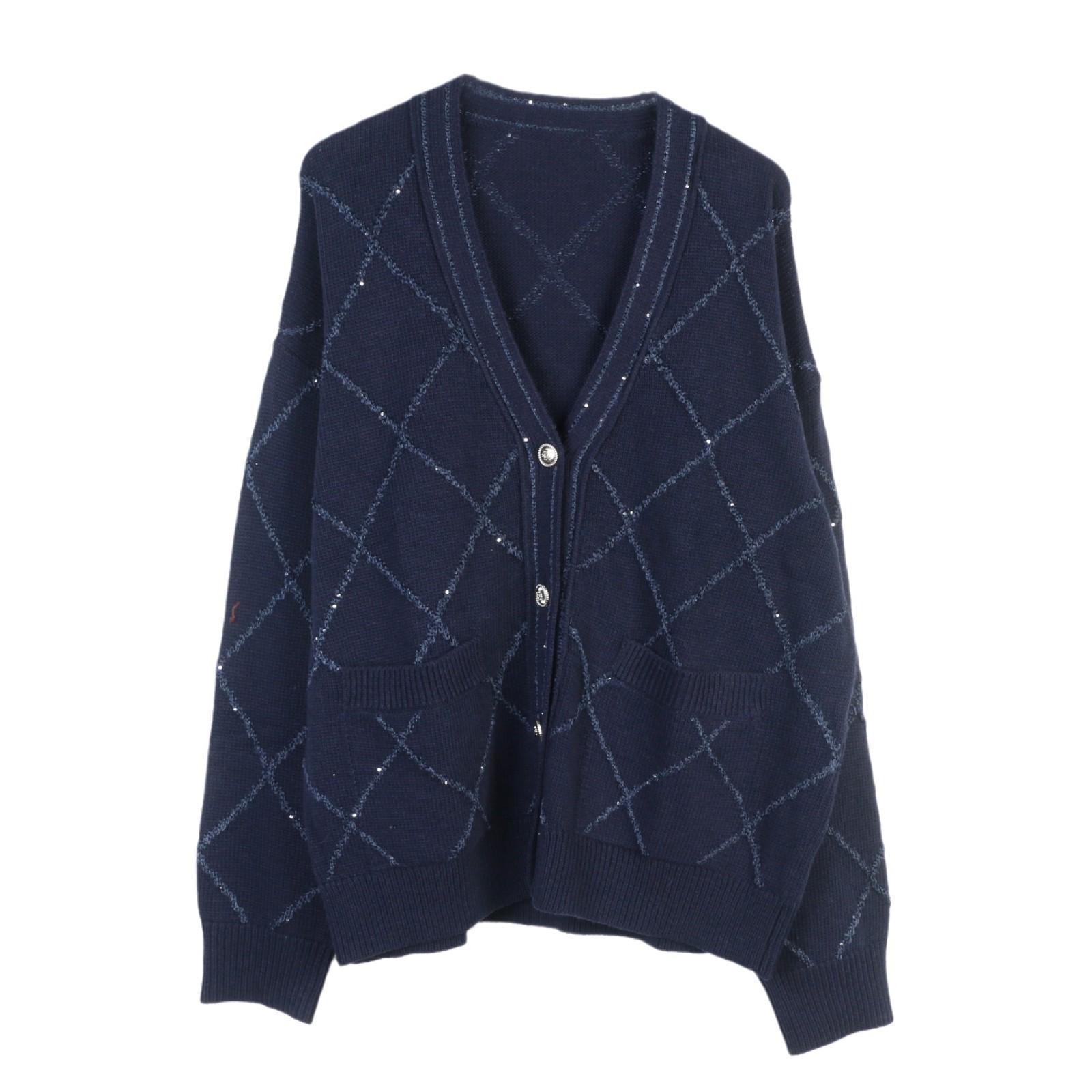 

M s Elegant Plaid V-Neck Knitted Cardigan - Blue, Loose, Shiny, French Style for Autumn/Winter Women s Wear Large