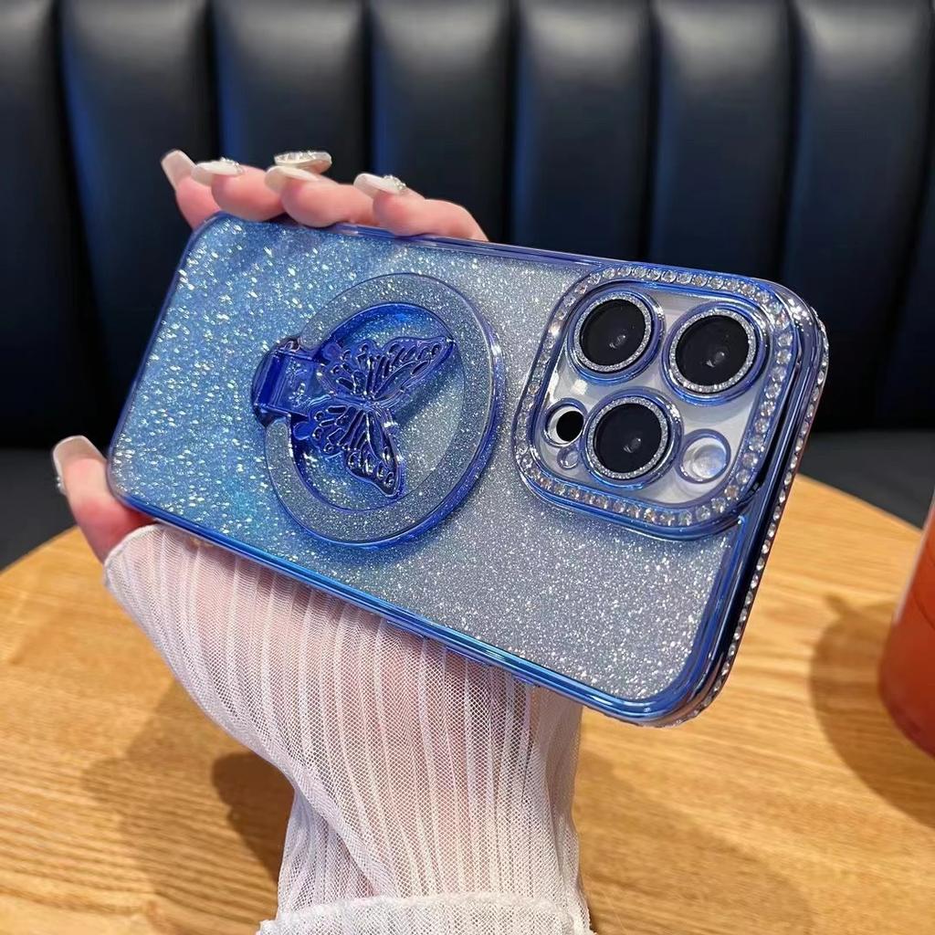 Anwendbar auf IPhone 16 Strass Glitzer Schmetterling Ständer Handyhülle Magnetische Saugkraft Apple 15 ProMax Sturzsichere Schutzhülle