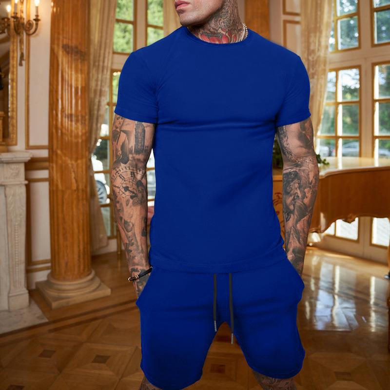 Men's Summer Sports Two-Piece: Solid Color Shorts & Short-Sleeve T-Shirt with Custom Logo Option