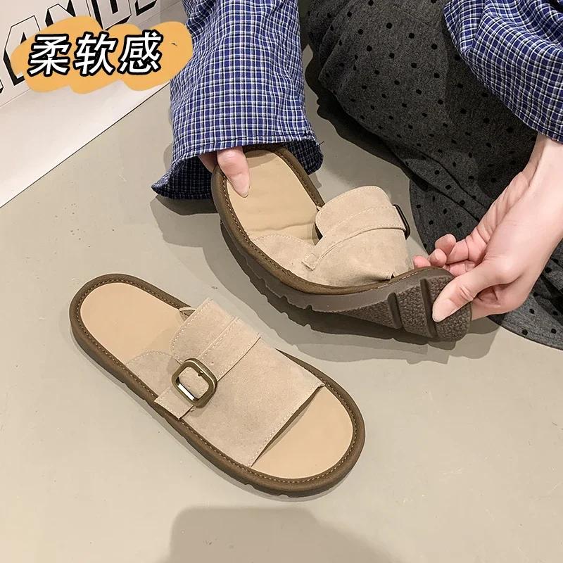 Summer Women Suede Leather Flat Slippers Plus Size Buckle Non-Slip Sandals Casual Breathable Woman Fashion Platform Shoes