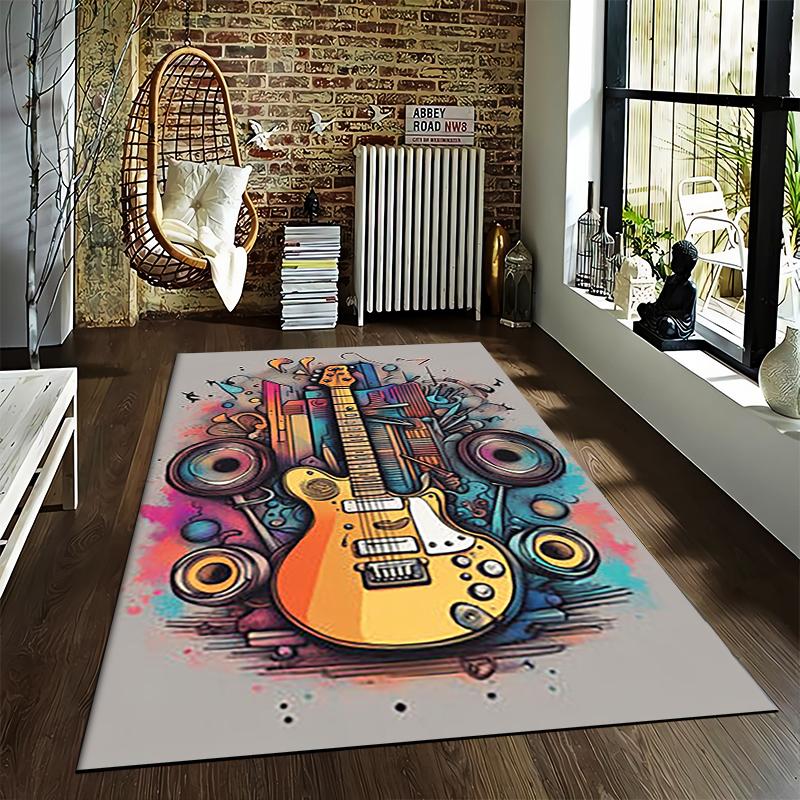 Colorful Electric Guitar Print Carpet with Speakers and Abstract Design Suitable for Use As an Anti-slip for Living Room Bedroom Sofas