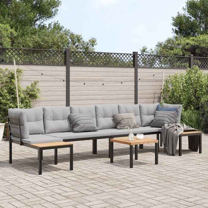 VidaXL Salon de jardin avec coussins 5 pcs noir acier enduit de poudre, ensemble de canapés de jardin, ensemble de canapés 3283664