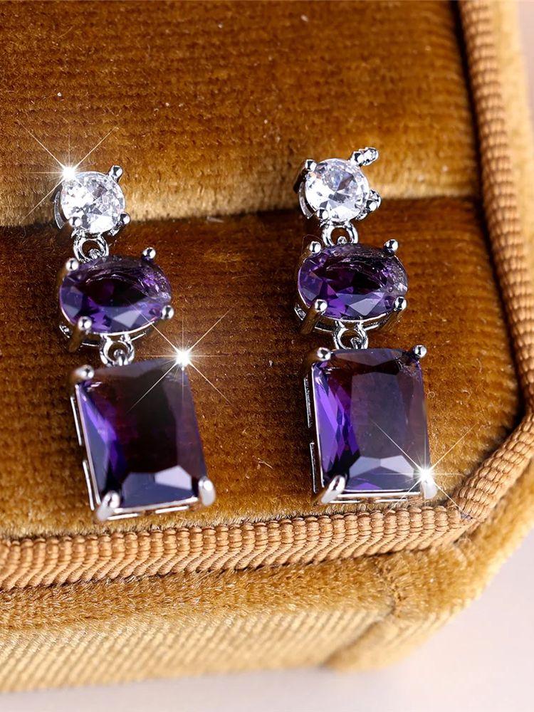 Cute Female Stone Blue Purple Zircon Stud Earrings Silver Color Wedding Jewelry For Women