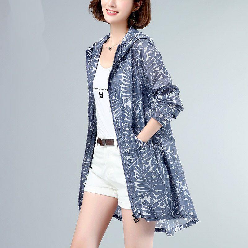 

Тонкая солнцезащитная одежда женская куртка ветровка средней длины 4XL с капюшоном летний кардиган женский пальто XL синий