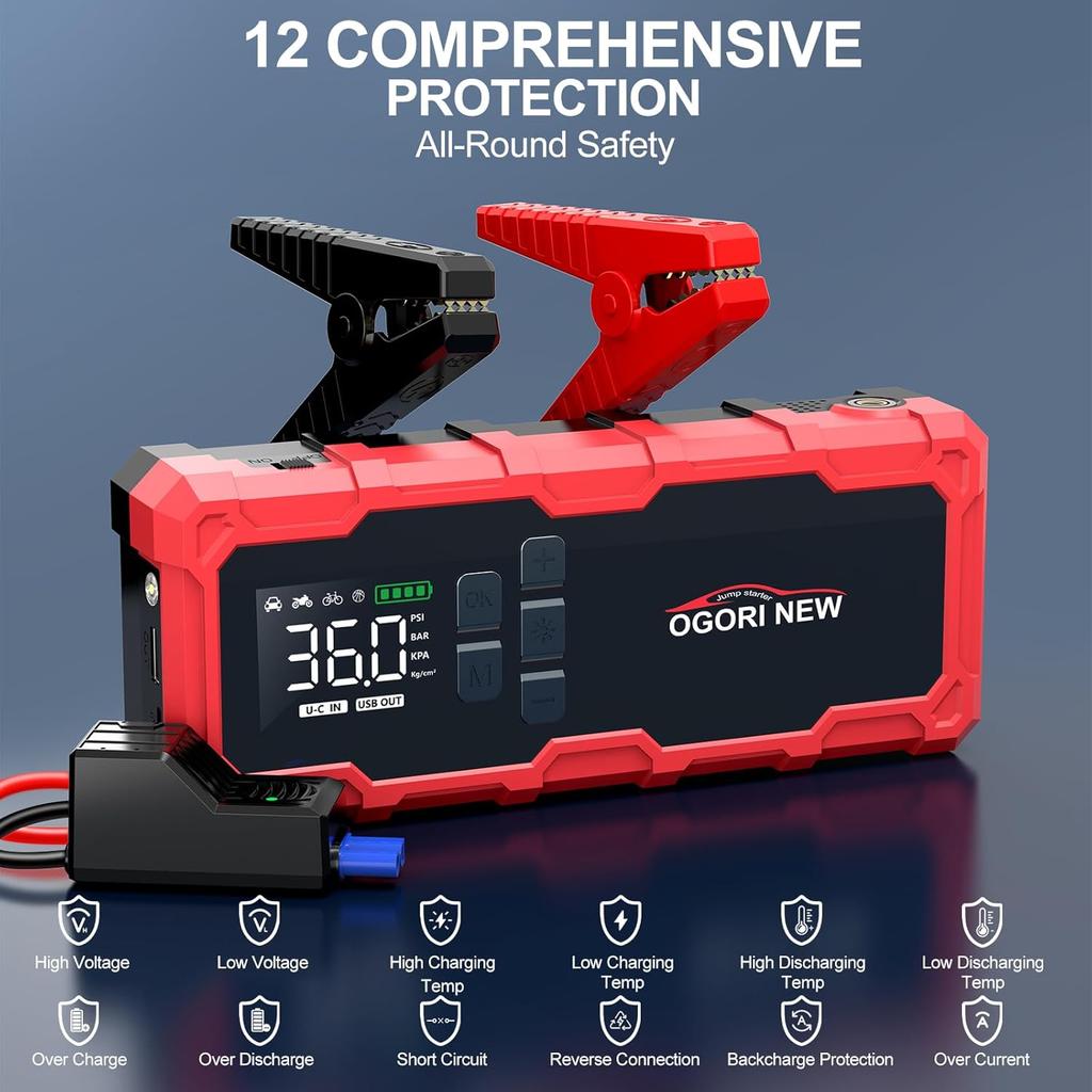 8000A Jump Starter with Air Compressor, 26800mAh, 150PSI Portable Car Battery Booster (12V, All Gas/16L Diesel)