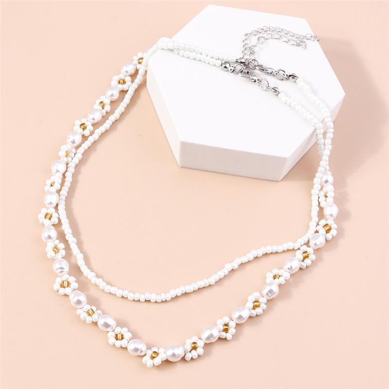 Summer Boho Korea Lovely Flowers Seeds Beaded Necklace Statement Short Collar Choker Necklace for Women Vacation Jewelry Gifts