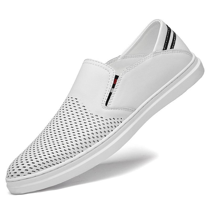 Men's White Leather Slip-on Loafers, Casual Soft Bottom Shoes
