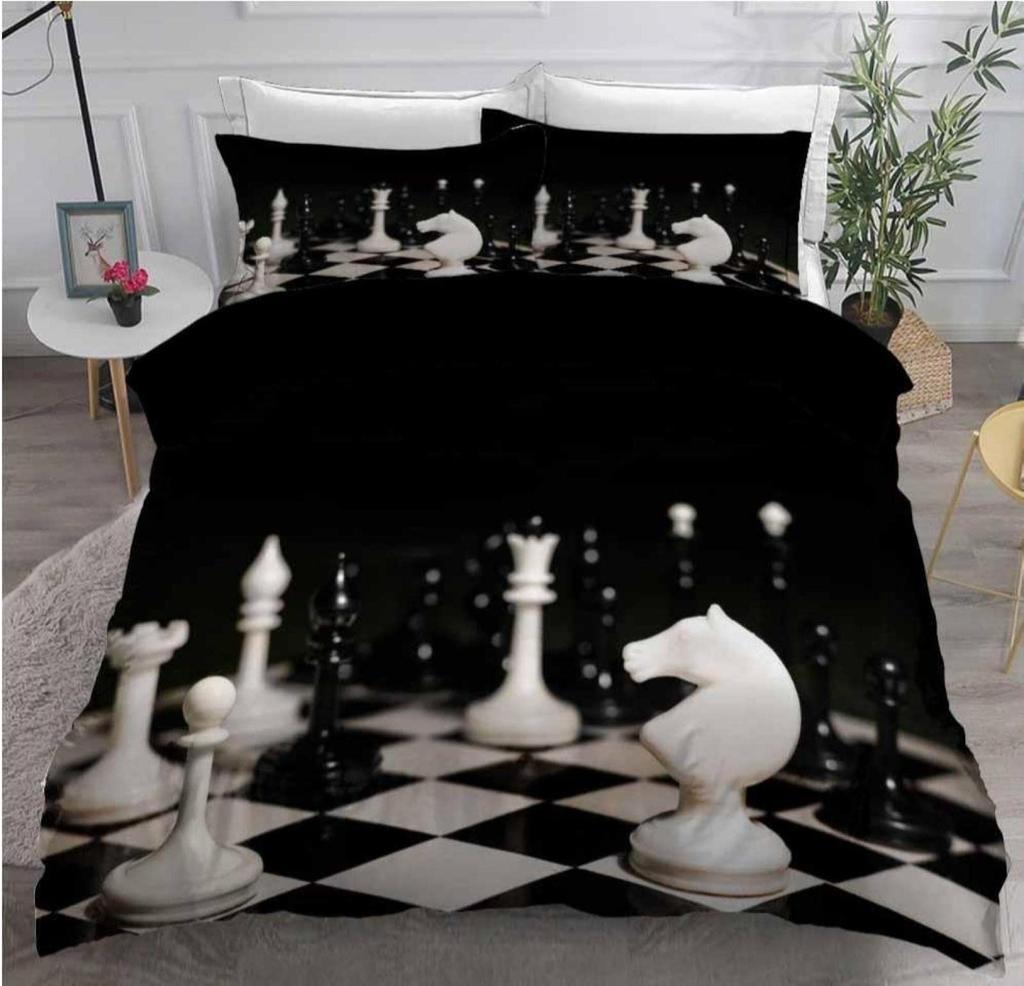 International Chess Duvet Cover Set Black White Lattice Checkerboard Comforter Cover Competition Game for Kids Teens Bedding Set