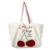 Reversible Design Women Canvas Shoulder Bag Cotton Cloth Purse Handbag Cherry Red Stripes Large Tote Female Eco Shopping Bags