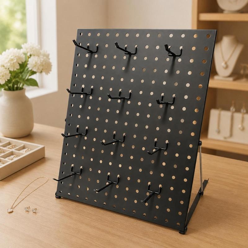 Metal Jewelry Display Rack with Open Pegboard Panel, 16 Movable Hooks and Adjustable Viewing Positions for Tabletop Retail and Craft Fair Displays