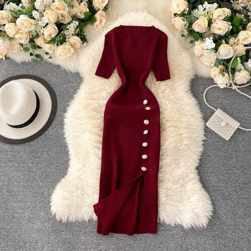Korean Simple Solid Color Breasted Slim-fitting Short-sleeved Knitted Split-ended Hip-wrapped Dress