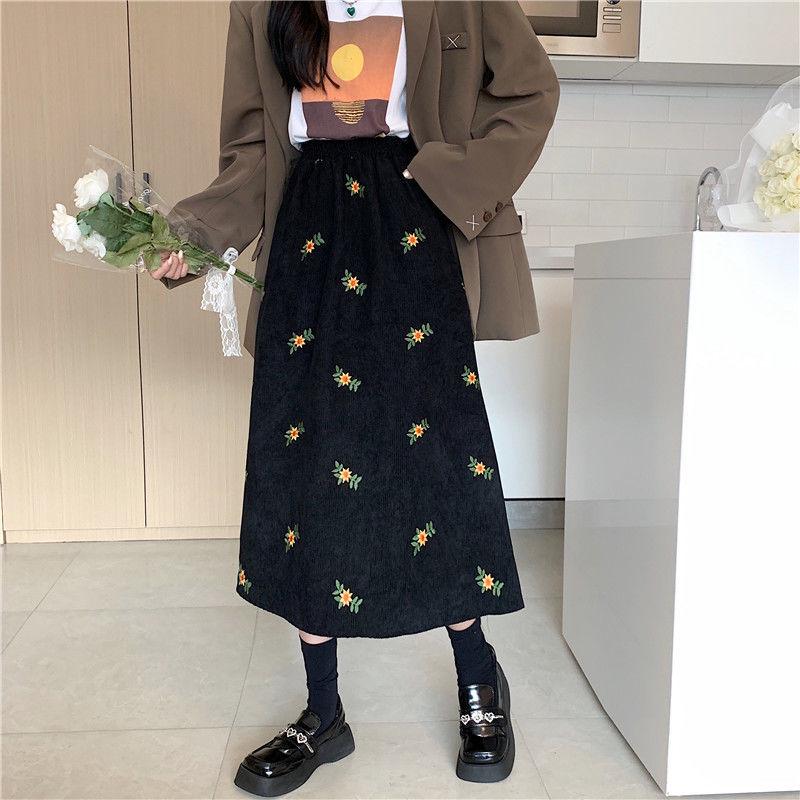 

Вельветовая миди-юбка А-силуэта - Высокая талия, Цветочный весенне-осенний стиль для женщин XL for up to 129cm waist чёрный