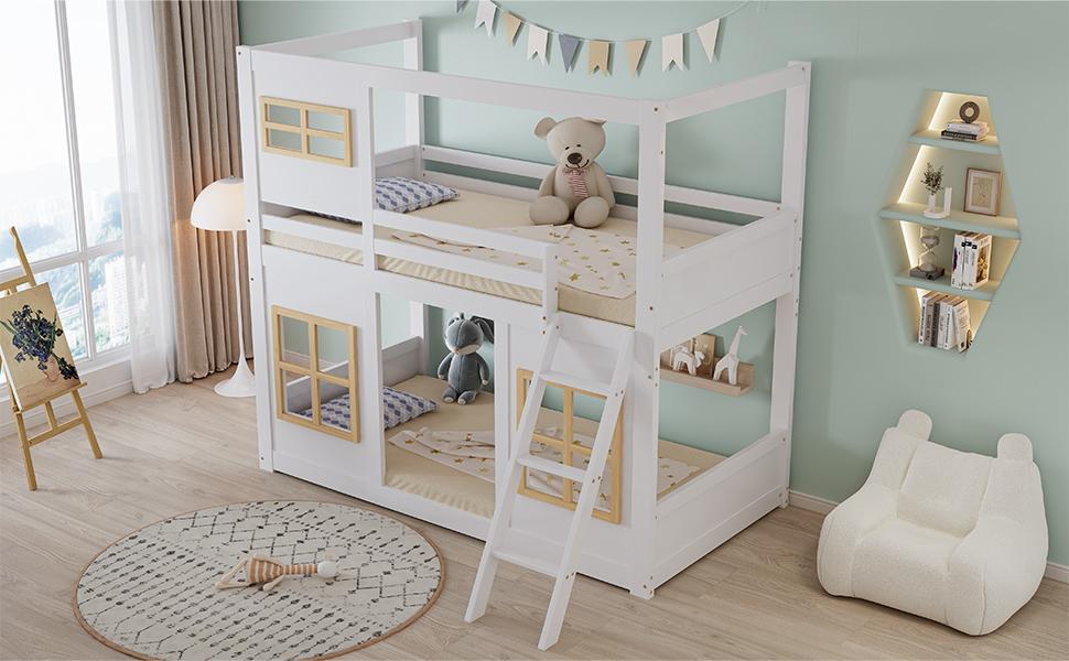 Bunk Bed, Children's Bed, With Beautiful Windows, Sturdy Ladder, With Four-Sided Fencing, Pine + MDF + Plywood, White+Natural, 90x200cm