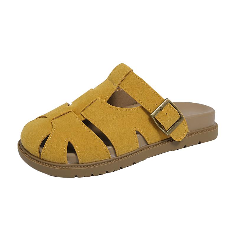 Fashion 2025 New Flock Shoes Ladies' Slippers Low Heels Summer Woman Cover Toe Low Platform Beach Fabric Rome Rubber