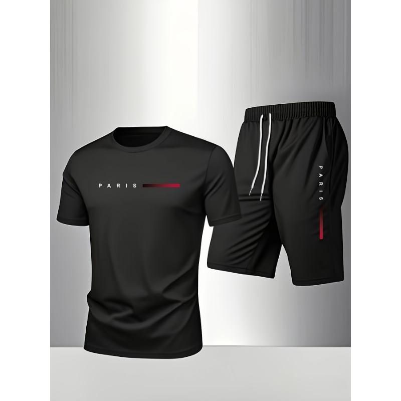 Herren Sommer T-Shirt und Shorts Set Lässige Entspannte Passform Sportliches Rundhals Kurzarm T-Shirt Paris Buchstaben Druck Zweiteiliges Set