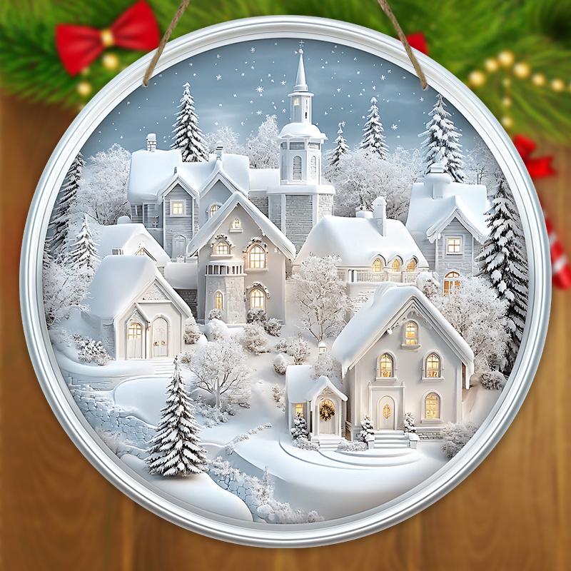 Rustic Christmas Wooden Sign with Snow House Pattern - Navidad Round Sign for Front Door, Wall Hanging Decor - Ideal Christmas Decoration