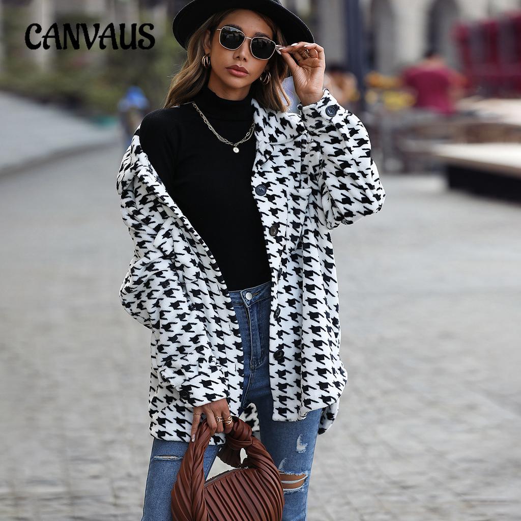 Autumn and Winter Women's Fleece Jacket Casual Plush Long-sleeved Loose Kilobird Check Medium-length Facecloth Blazer Collar Coat