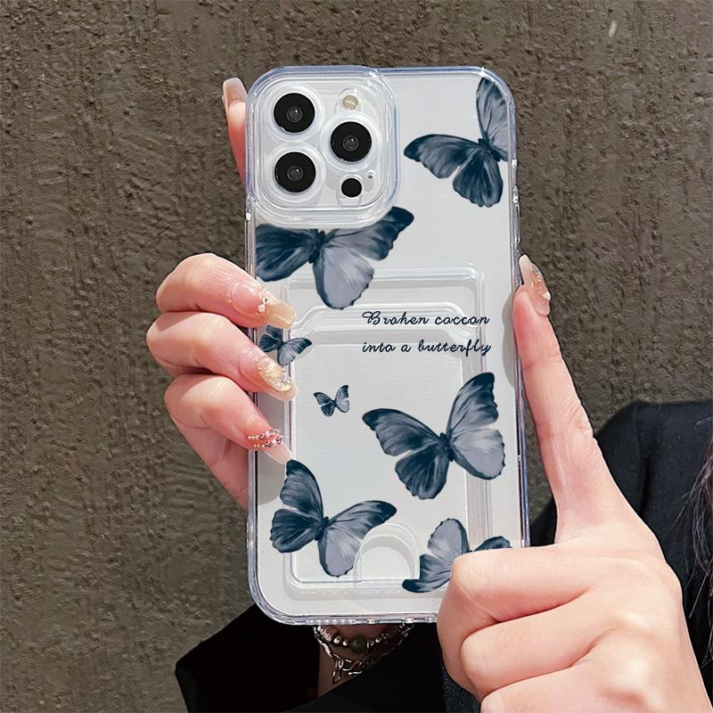 Butterflies Printed Soft TPU Clear Shockproof Casing Protective Cover Transparent Full Back Case with 1 Card Slot Holder