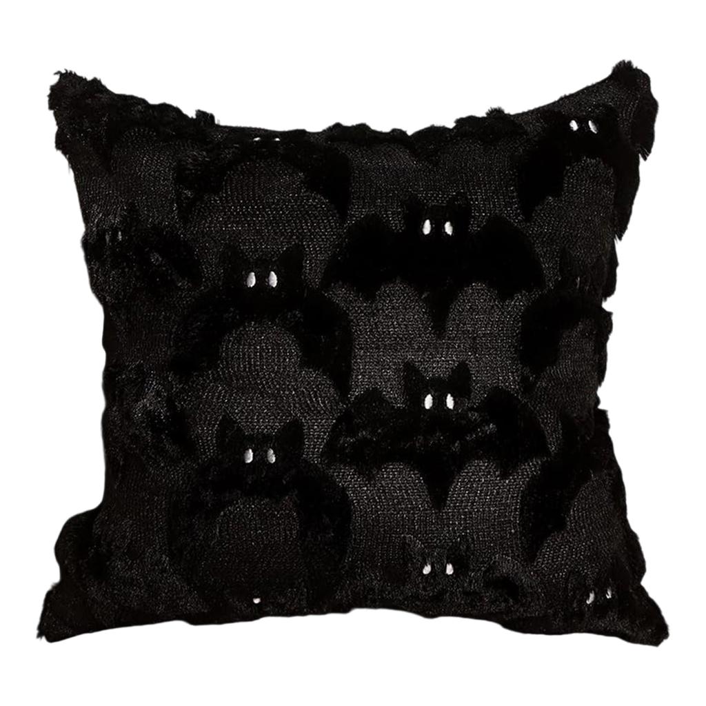 Spooky Halloween Decorative Pillow Covers with Black Plush Bat Design for Home Bedroom and Living Room Décor