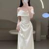 Elegant Satin One-Shoulder Engagement Dress Women's High-End Luxury Simple White Bridal Gown with Veil for Wedding And Party