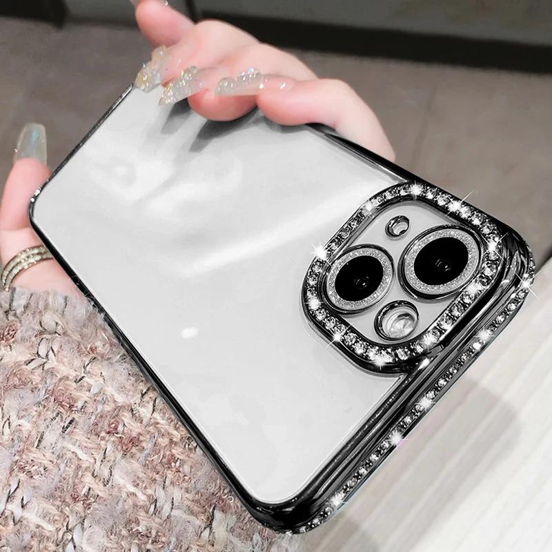 Luxury Plating Glitter Diamond Transparent Case For iPhone 16 15 16E 12 14 13 Pro Max Plus Female Soft Silicone Shockproof Cover