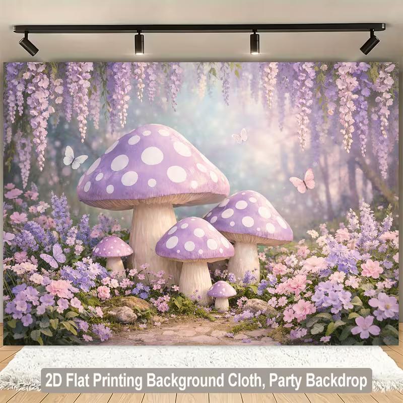 2D Whimsical Pastel Mushroom Forest Backdrop with Wisteria Photo Background