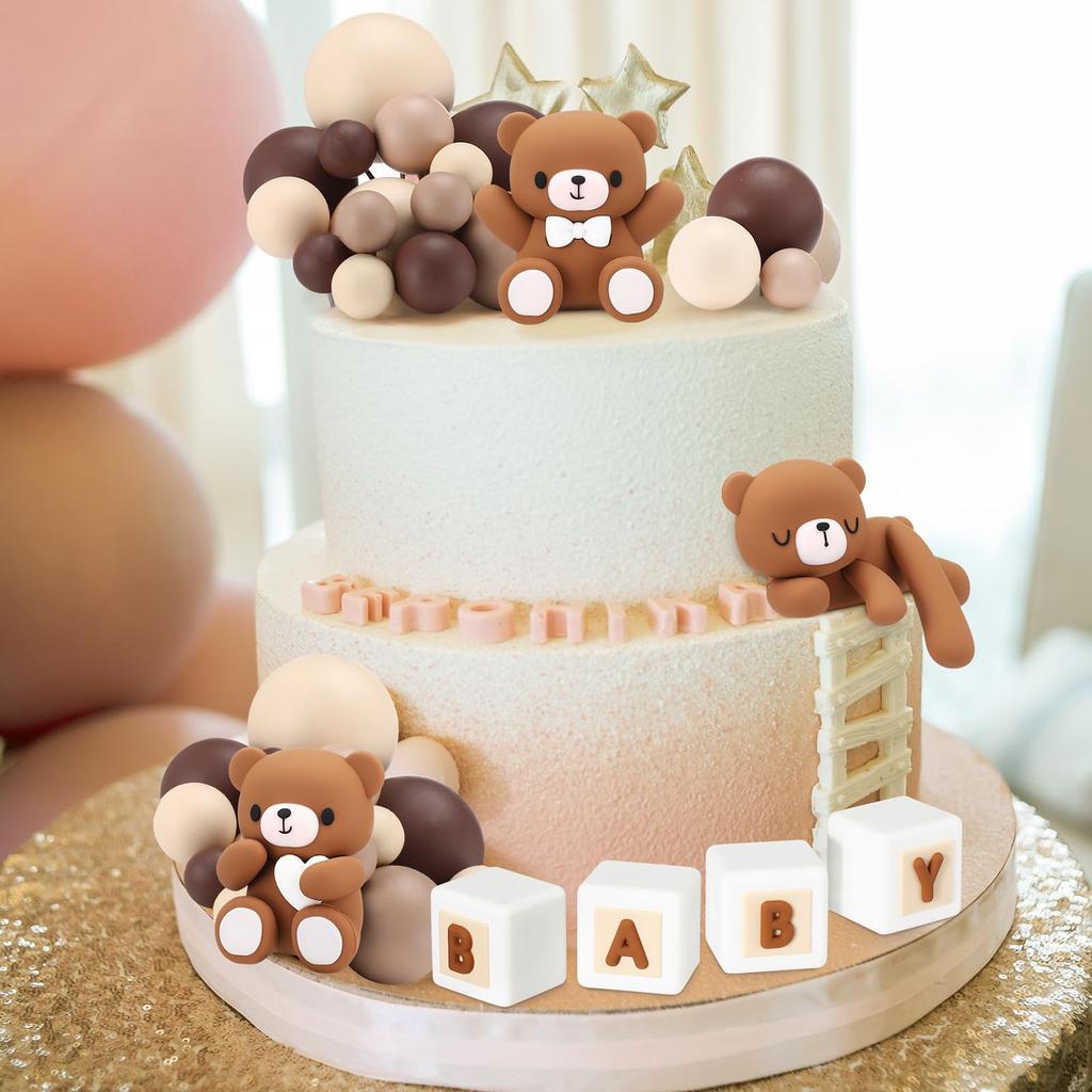 85 ks 3D medvědí dortový topper Tři pózy medvědů Hnědá série Pěnová koule Baby písmena pro Baby Shower Oslavu narozenin Dekorace