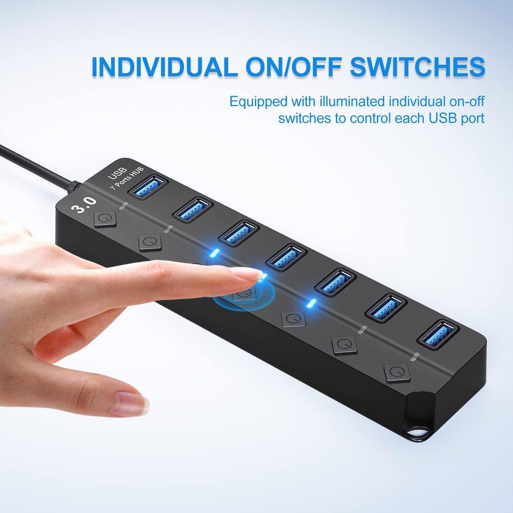 Driver-Free 7-Port USB 3.0 Hub with Individual Switches