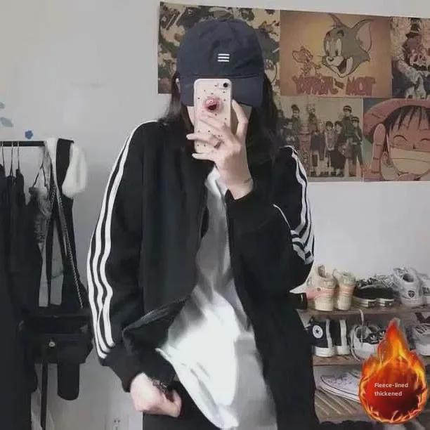 2020 Damska Wiosenno-Letnia Czarna Luźna Kurtka Baseballowa z Trzema Paskami