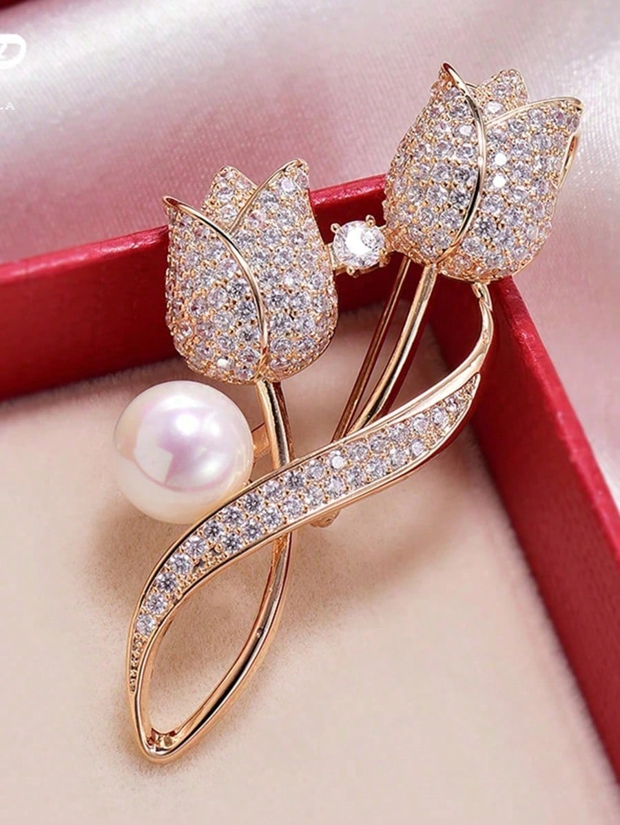

1pc Brooch Rhinestone Tulip Flower Brooch Anti-Glare Suit Brooch Collar Pin Jewelry