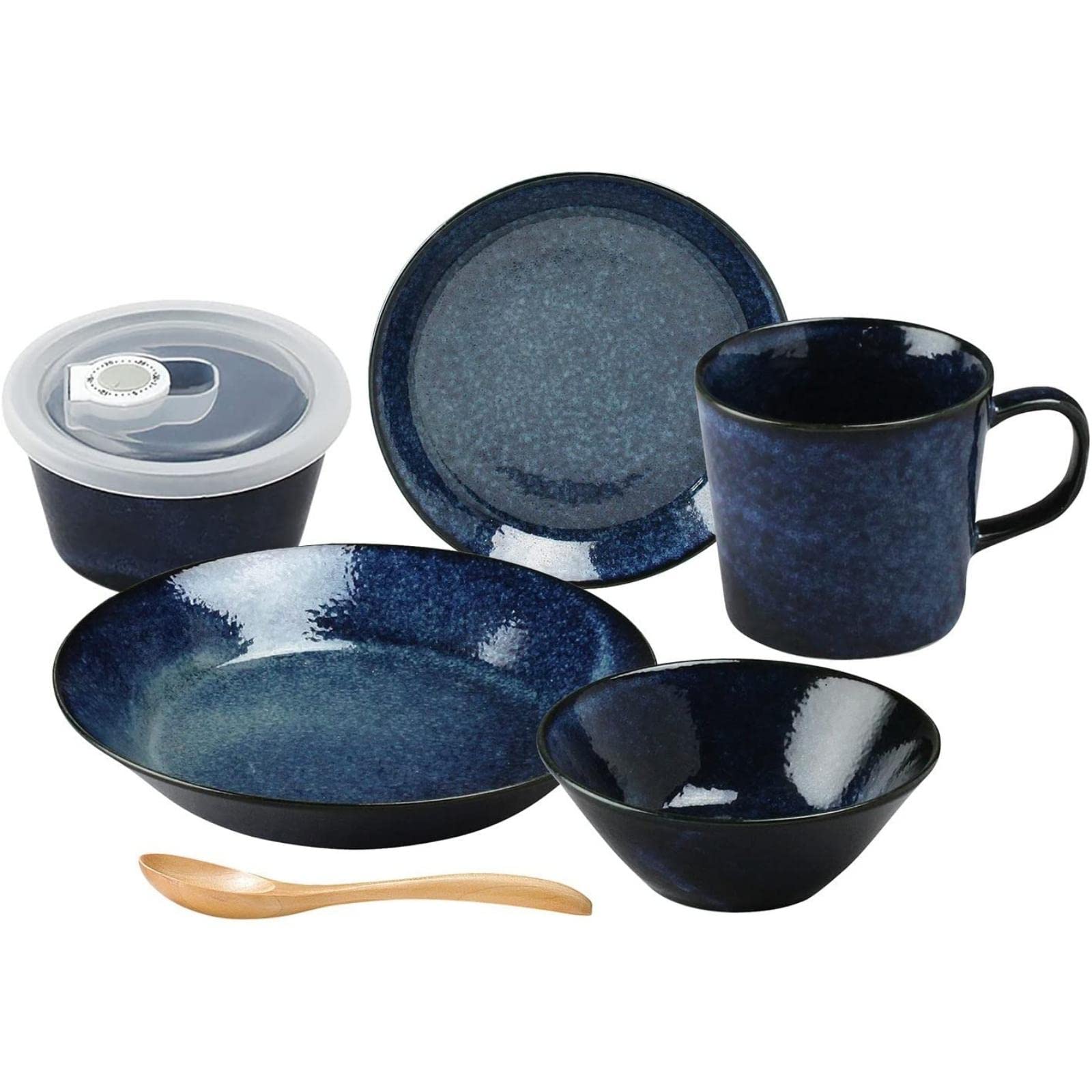 

Aito Seisakusho Mino Ware Dinnerware Set for Single Navy and Dishwasher and Microwave Made in Product Number Natural Color Set, 6-Piece Living,
