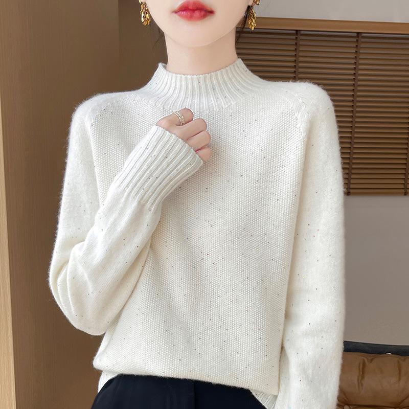 2024 Autumn/Winter High Neck Beaded Wool Sweater - Long Sleeve, Loose Fit