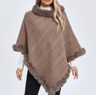 Plus Size Women's Knitted Pullover Shawl with Faux Rabbit Fur Collar - European & American Autumn/Winter Collection