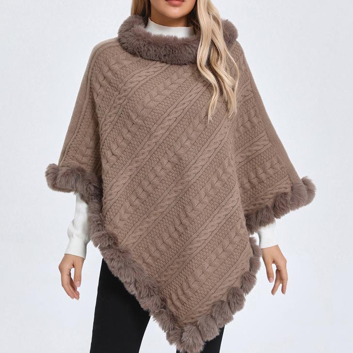 Plus Size Women's Knitted Pullover Shawl with Faux Rabbit Fur Collar - European & American Autumn/Winter Collection