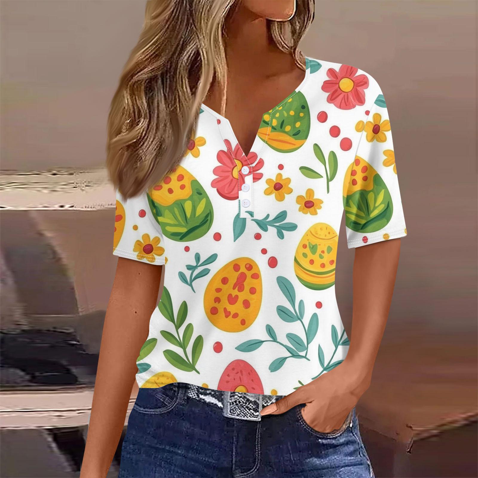 

Жіноча модна повсякденна вінтажна великодня футболка з V-подібним вирізом і короткими рукавами з декоративними ґудзиками XXL зелений