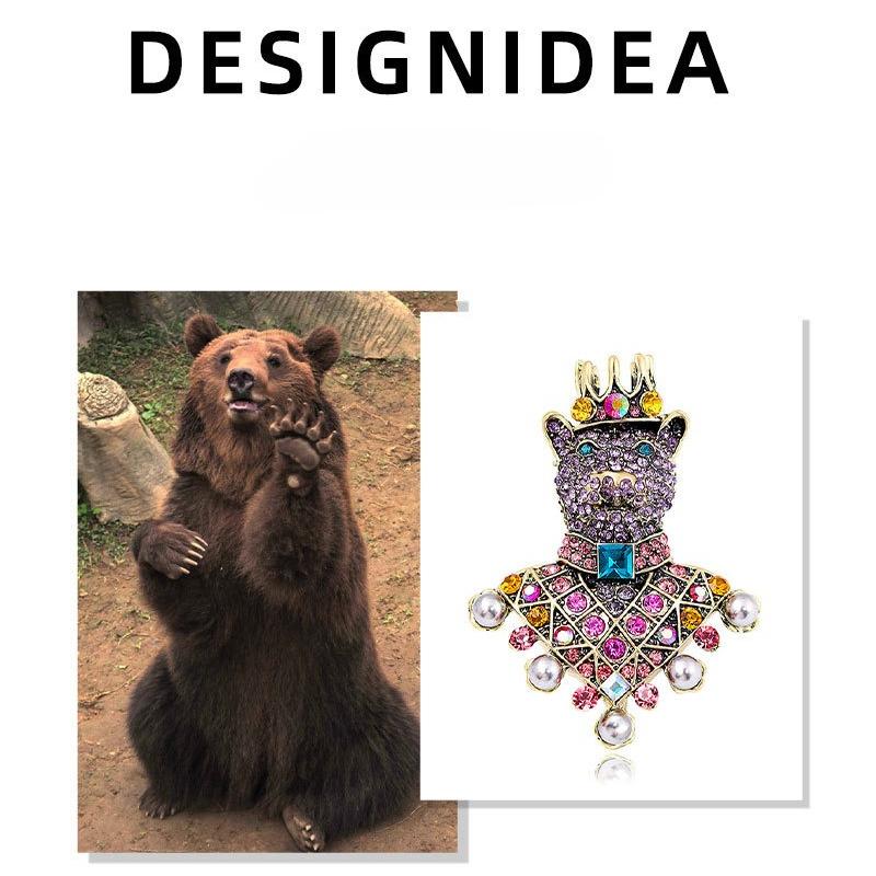 European and American full diamond, bear brooch, vintage court style, heavy-duty animal themed crown brooch