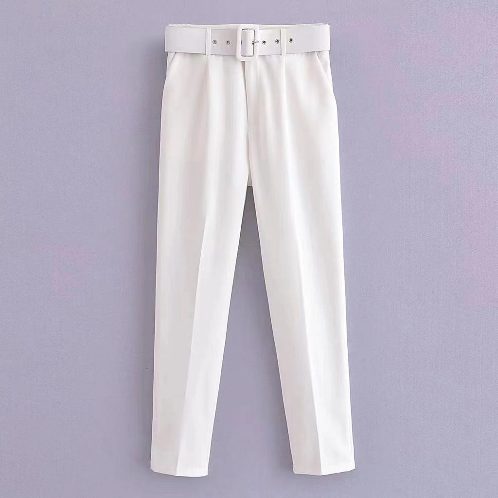 New Women's Casual Pants, Slim Fit Straight Leg Stretch Trousers with Belted Waist, Solid Color Office Wear Cropped Pants
