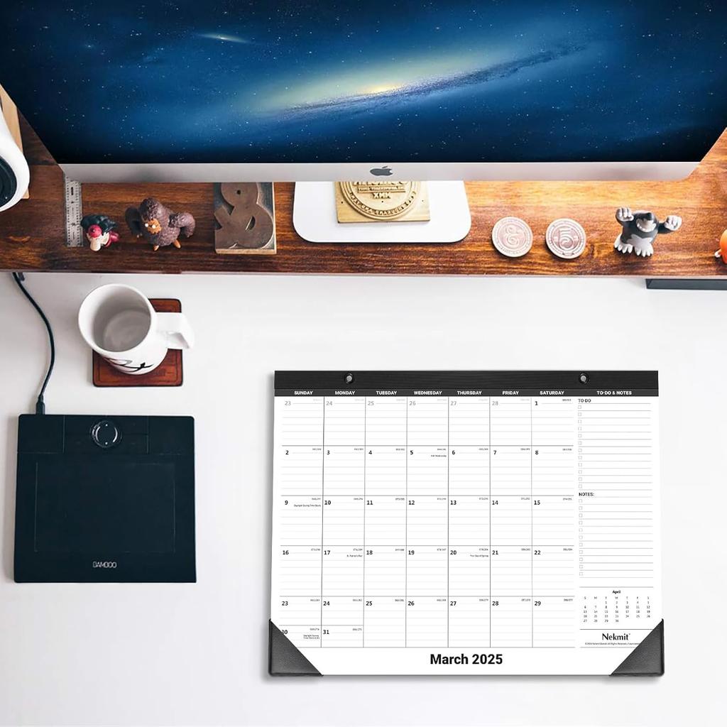 Nekmit Desk Calendar 2026, Yearly Monthly Desk Pad Calendar for Planning, Ruled Blocks, January 2026 - December 2026, 14" x 11", Black