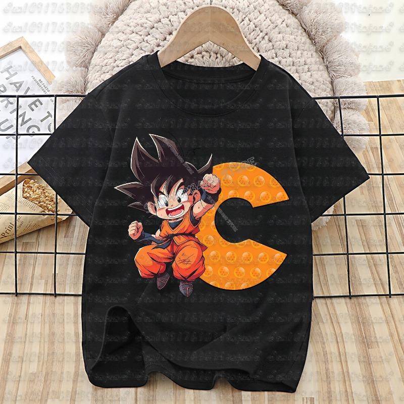 Dragon Ball Goku T-shirt Cotton Children A-Z Letter Tee Top Black Round Collar Clothing Boys Girl Summer Short Sleeve Kids