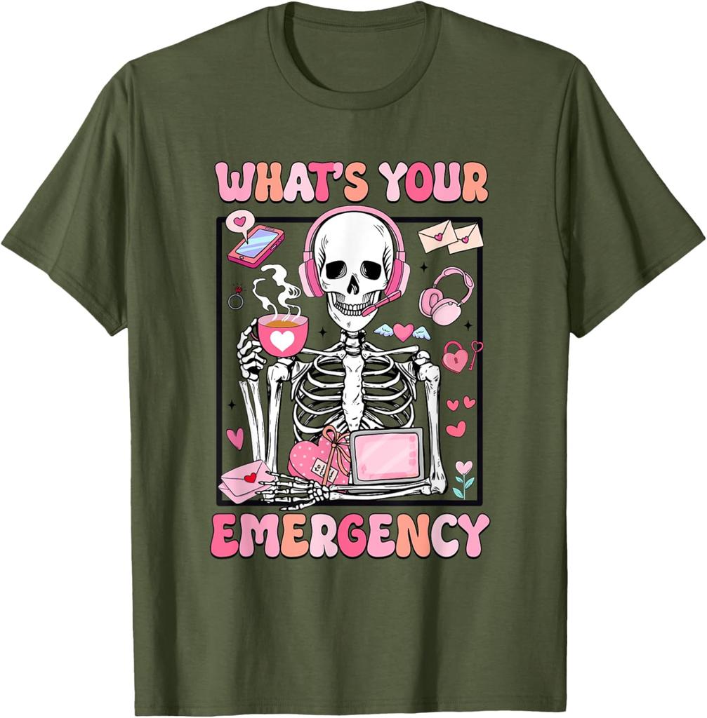 Skeleton Dispatcher Valentines Day Whats Your Emergency Graphic T-Shirt Men Casual Daily Cotton Tee