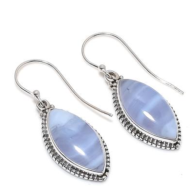 Doğal Mavi Dantel Akik Değerli Taş 925 Katı Gümüş Küpe 1.50" n8c86