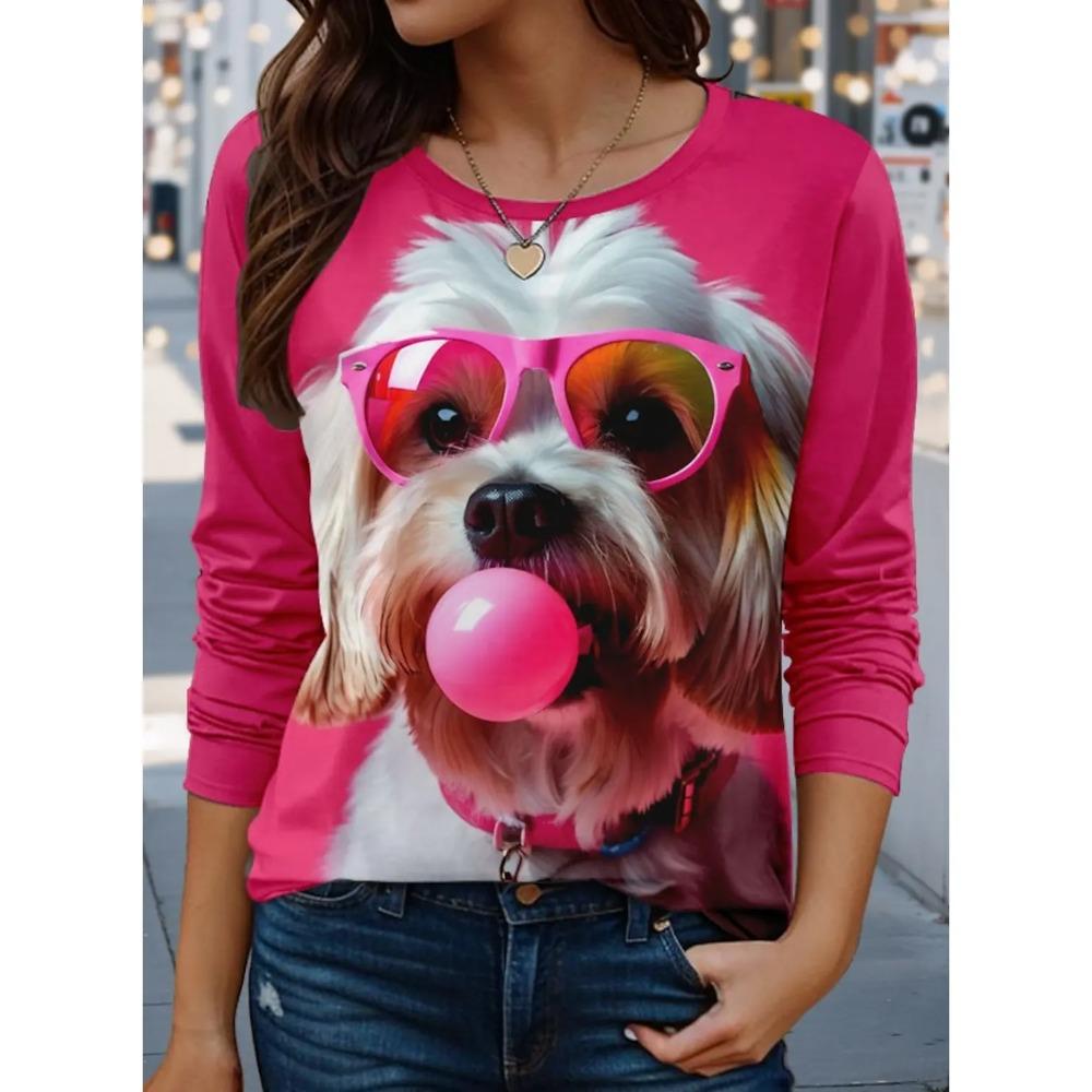 Funny Animal Cattle 3d Print Long Sleeve T-Shirt Women's Fashion Casual Oversized Round Neck T-Shirt