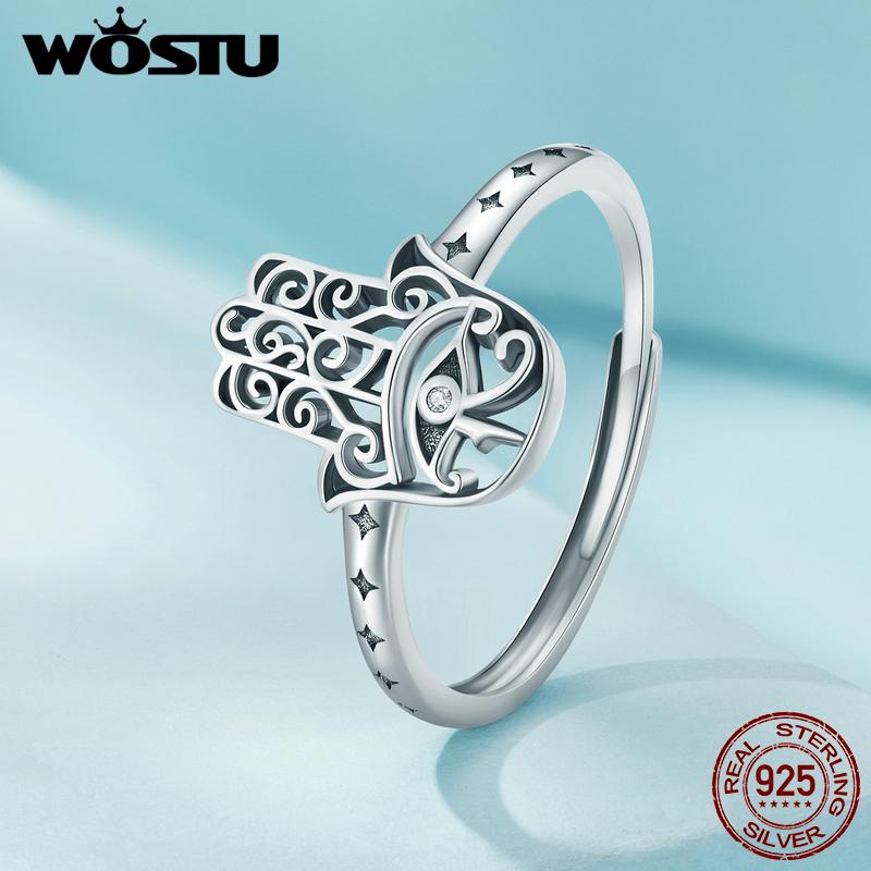 WOSTU 925 Sterlingového Stříbra Vintage Styl Šťastná Ruka Fatimy Otevírací Prsten Modré Démonovo Oko Skládací Prsteny Párty Šperky Dárek