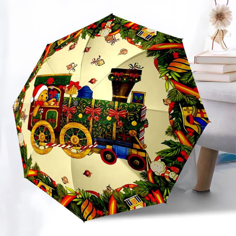 

1pc Christmas Train Automatic Opening Folding Umbrella - 8 Bone Iron Frame, Outdoor, Festive Gift for Fans, Travelers, Daily Use.SS090